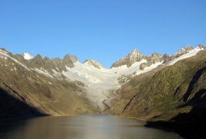 Oberaargletscher "Upper Aare-Glacier" and reserve lake Oberaarsee with snow, in the Bernese Alps, Berne, Switzerland